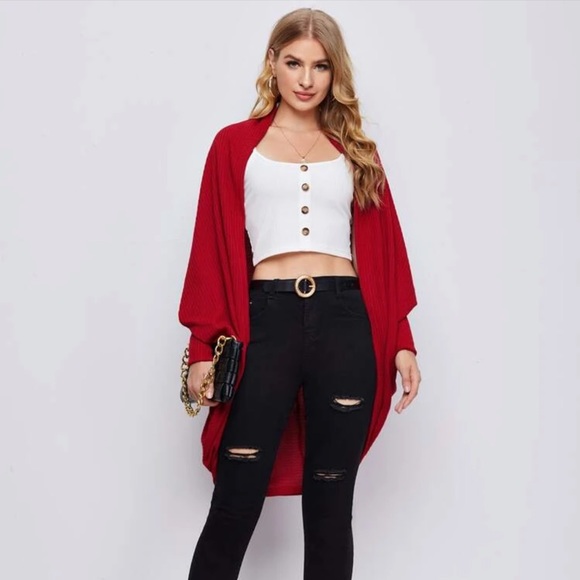 Soft rib knit cardigan sweater dolman sleeve red - Picture 2 of 13